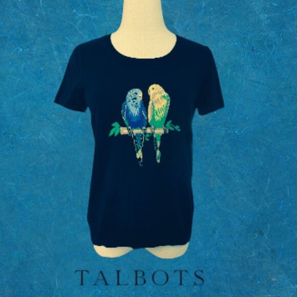 Talbot Vintage Love Birds Cotton Deep Navy Crew Neck Short Sleeve Sweater - Picture 2 of 9